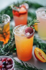 Set of cold drinks from various fruits with ice. Summer time