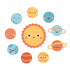Collection of trendy cartoon planets. Solar System. Earth Day, Save planet. Vector illustration in flat style