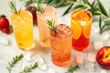 Set of cold drinks from various fruits with ice. Summer time