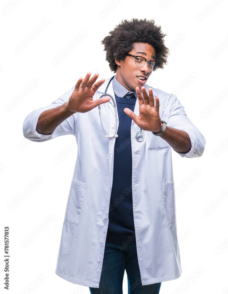 Sticker afro american doctor man over isolated background afraid and terrified with fear expression stop ges