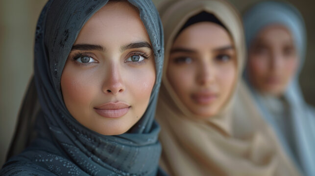 Beautiful arab middle-eastern women with traditional abaya dress and middle easter man wearing kandora in studio - Group of arabic muslim adults portrait in Dubai, United Arab Emirates.