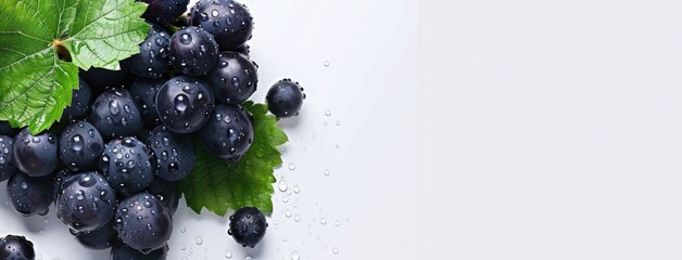 a bunch of grapes adorned with leaves and water droplets, set against an isolated white background,...