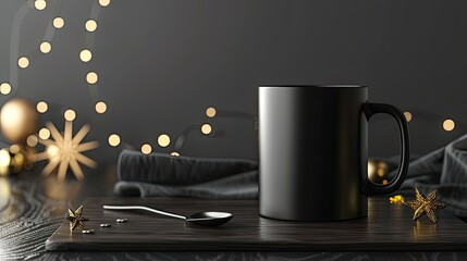 a black mug on a dark polished rosewood slab, accompanied by home accessories and decorative...
