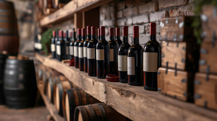 A variety of wine bottles arranged on rustic shelving in a cozy cellar evoke feelings of refinement and tradition