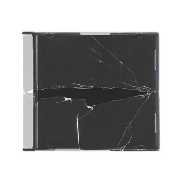 cracked isolated mockup of old music CD disc jewel case with black cover layout for photo and artworks, in transparent background, y2k style
