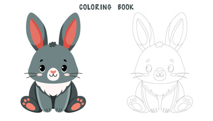 Coloring book of cute little rabbit. Coloring page of cute animal isolated on white background. Flat vector illustration.