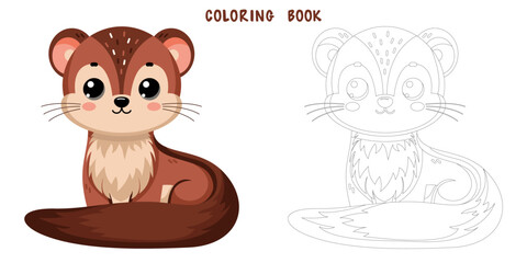 Coloring book of cute happy marten, little funny weasel. Coloring page of cute autumn forest animal isolated on white background. Flat vector illustration.