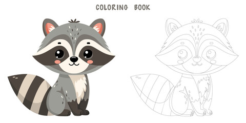 Coloring book of cute happy little funny raccoon. Coloring page of cute autumn forest animal isolated on white background. Flat vector illustration.