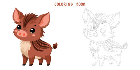 Coloring book of cute happy wild boar, little boar, funny aper. Coloring page of cute autumn forest animal isolated on white background. Flat vector illustration.