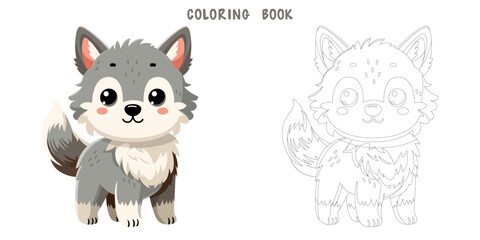 Coloring book of cute happy little funny wolf. Coloring page of cute autumn forest animal isolated on white background. Flat vector illustration.