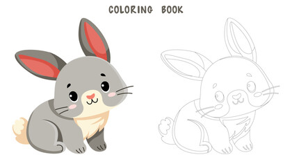 Coloring book of cute little rabbit. Coloring page of cute animal isolated on white background. Flat vector illustration.