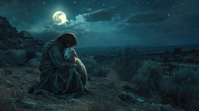 a shepherd cradling the lost sheep in his arms as they traverse a moonlit landscape, evoking a sense of ancient times and biblical imagery.