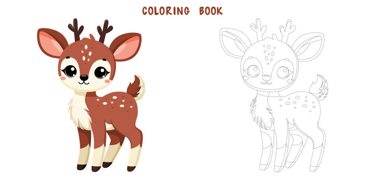 Coloring book of cute happy deer, little sarna, funny roe. Coloring page of cute autumn forest animal isolated on white background. Flat vector illustration.
