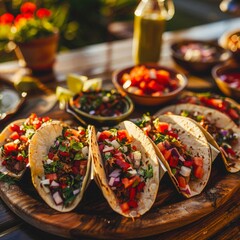 Mexican, Vibrant, A colorful taco spread with a variety of fillings and salsas on a rustic wooden table, Golden Ratio, Late afternoon sun casting shadows, Dinner, Outdoor Patio - obrazy, fototapety, plakaty