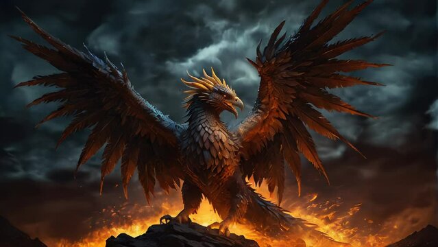 fantasy powerful phoenix rebirth in a fiery landscape at dusk. AI-generated.