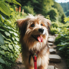 Adorable Dog in Nature: A Fluffy Companion Amidst Greenery, Enjoying the Serenity of Lush Forests and Clear Skies - Perfect for Pet Lovers