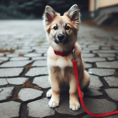 Adorable Puppy with Fluffy Ears and Red Leash Sitting on Patterned Pavement - A Heartwarming Portrait for Animal Enthusiasts
