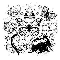 vector, flower, floral, design, illustration, art, pattern, element, decoration, nature, ornament, tattoo, butterfly, black, grunge, heart, skull, set, card, swirl, vintage, plant, silhouette, spring,