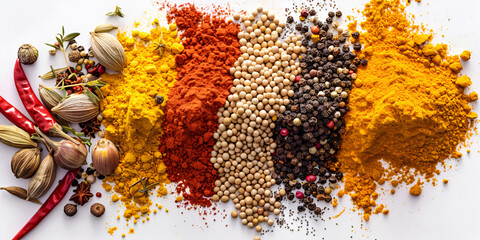 Spice assortment on white background