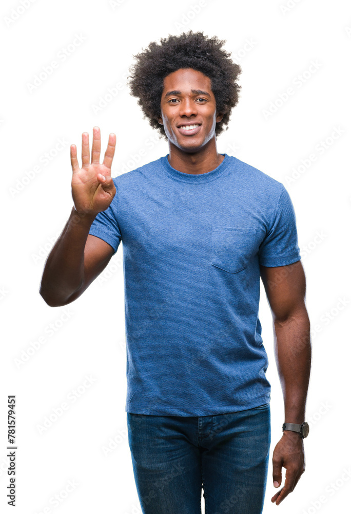 Sticker Afro american man over isolated background showing and pointing up with fingers number four while smiling confident and happy.