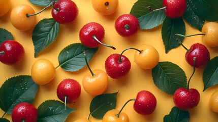 Different ripe fruits on red background - obrazy, fototapety, plakaty