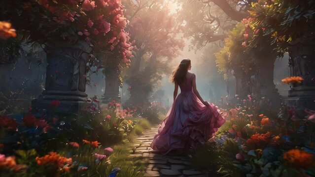 Woman in a flowing dress strolls down a mystical flower-lined garden path as sunlight filters through the trees