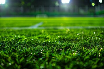 Close-up of soccer field under stadium lights - obrazy, fototapety, plakaty