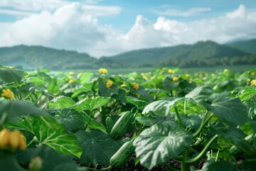 Fototapeta premium Cucumber Field, Cucumber Crop, Many Cucumber, Cucumber Leaves, Cucumber Agriculture Landscape