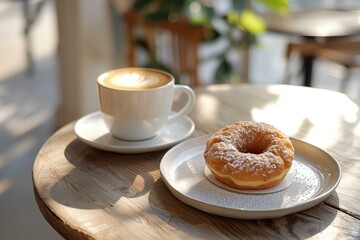 Cronut paired with artisan coffee, a perfect breakfast setup, emphasizing the modern café culture, cozy and chic with soft morning hues