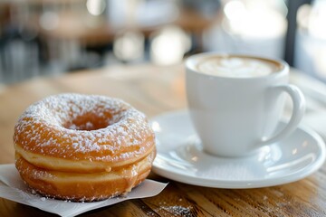 Cronut paired with artisan coffee, a perfect breakfast setup, emphasizing the modern café culture, cozy and chic with soft morning hues