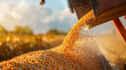 Golden hour on a farm as freshly harvested corn kernels are being spilled from a combine harvester - obrazy, fototapety, plakaty