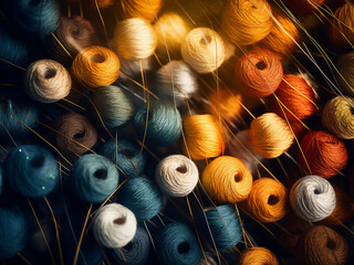 Detailed close-up showcases a string of threads forming an abstract background - obrazy, fototapety, plakaty