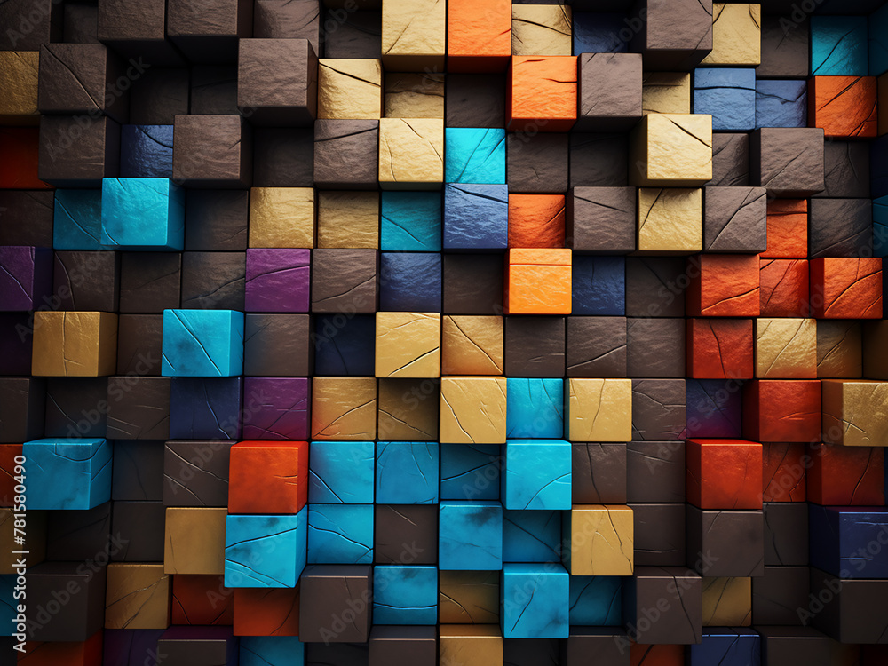 Poster backdrop features 3d wooden cubes in colorful array for abstract effect