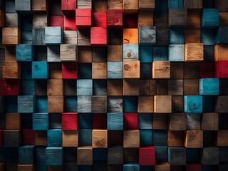 Abstract backdrop composed of 3D wooden cubes with vibrant colors