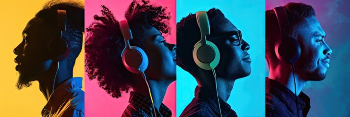 Neon Portraits, Emotional People Faces Collage, Young People Listen to Music with Headphones