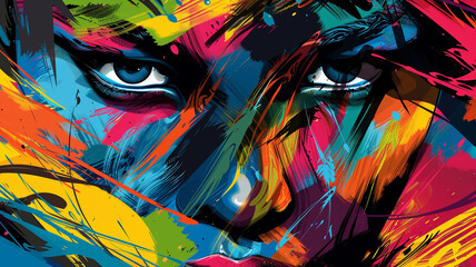 Vibrant vector face with bold colors and expressive brushstrokes, radiating energy and artistic fervor.