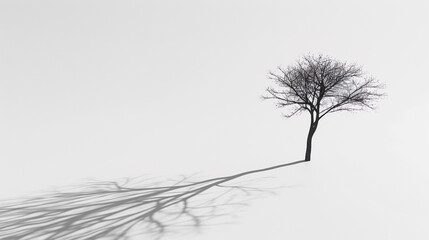 Solitude in Winter: Bare Tree Casting a Lonely Shadow on a Textured Snow Background
