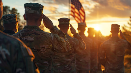 Salute at Sunset: Soldiers Paying Tribute to the Flag in the Warmth of Dusk
