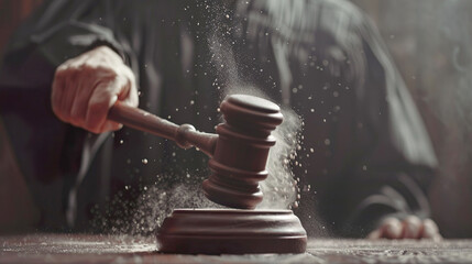 Justice in Action: Dramatic Gavel Strike Capturing Dust Particles in Motion
