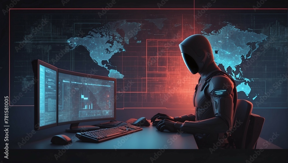 Poster hacker in an armored suit sits at a computer on the background of a world map