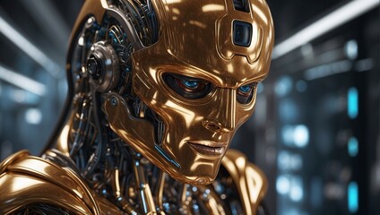 artificial intelligence in the form of an android covered with gold plates