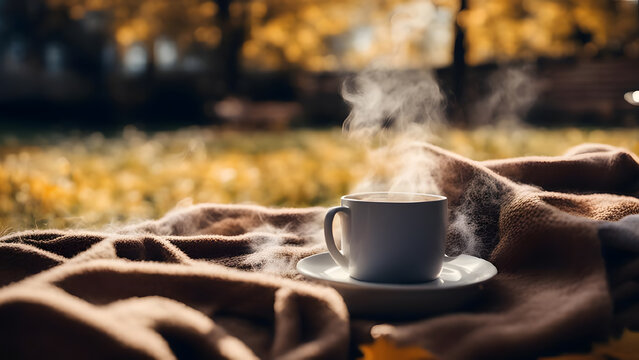 Cup of coffee on a warm plaid in the autumn park