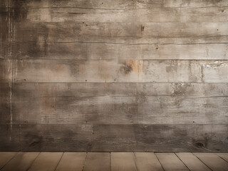 Aged plank floor contrasts with concrete wall backdrop