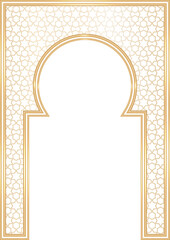 Ramadan Islamic arch frame with ornament. Muslim traditional door illustration for wedding invitation post and templates. Golden frames in oriental style. Persian windows shape