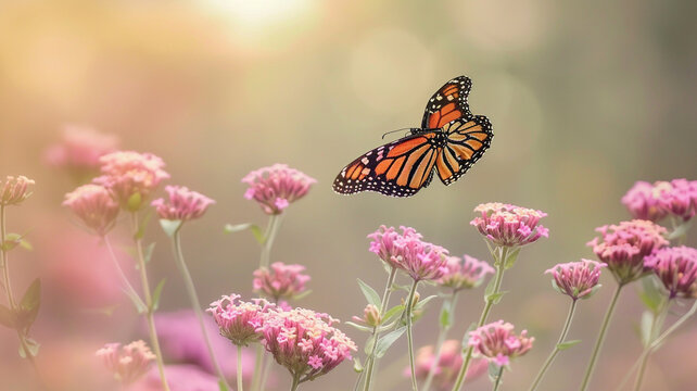 A mesmerizing scene of a monarch butterfly gracefully hovering over a cluster of pink verbena flowers, its wings poised elegantly as it prepares to land.