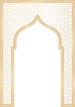 Ramadan Islamic arch frame with ornament. Muslim traditional door illustration for wedding invitation post and templates. Golden frames in oriental style. Persian windows shape