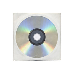 isolated old music CD disc paper bag with plastic detail in center with compact disk in transparent background, y2k style