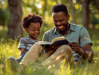 Afro American Dad and son smilinng with book in the park