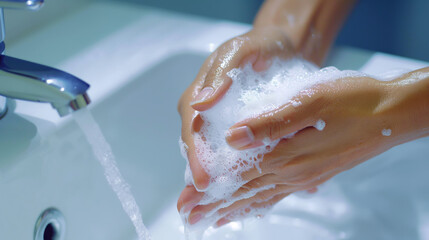 Pristine hands being washed thoroughly under running tap water, promoting cleanliness and health