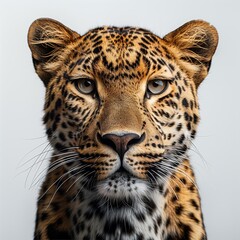 the face of a leopard in front of a white background